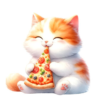 Cute Watercolor Animal Character Is Sitting And Eating Pizza Clipart Of Cat