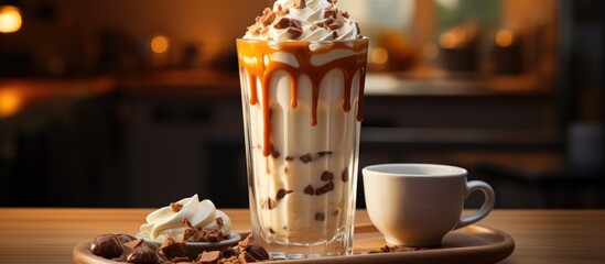 Milkshake with caramel syrup and extra chocolate wafer on top