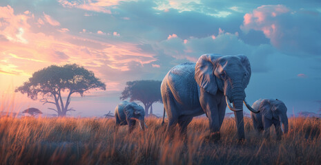 A group of elephants walking through the savannah at dusk, with one elephant carrying its calf on her back - obrazy, fototapety, plakaty