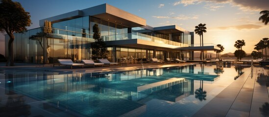 Modern architecture with a pool, concrete and glass facade at sunset - obrazy, fototapety, plakaty