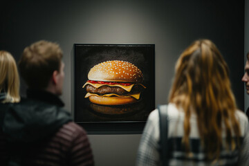 Museum-goers observing a lifelike painting of a cheeseburger, showcased in a dark room, inviting culinary curiosity and artistic intrigue