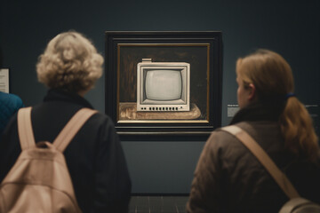 Art enthusiasts in a gallery observe a vintage computer set painting, evoking nostalgia and reflection on technological evolution