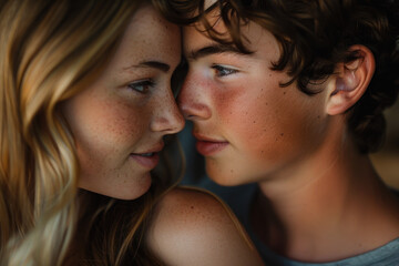 Close-up of Freckled Teenagers Gazing Intently.