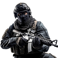 black ops soldier with balaclava covered face and full equipment with rifle - obrazy, fototapety, plakaty