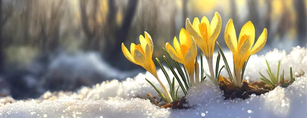 Fotobehang The Thaw of Winter: Crocuses Emerging from Melting Snow. Early bloomers signal the transition from winter's frost to spring's warmth. © Igor Tichonow