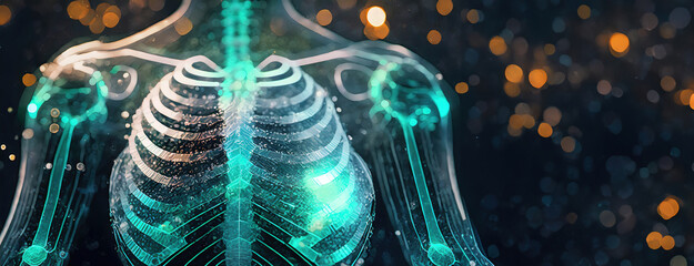 Holographic visualization of a human ribcage with digital connections on dark backdrop. Advanced technologies in medical equipment.