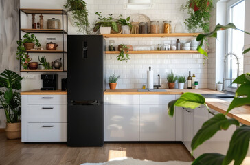 Black refrigerator, white cabinets and wooden countertop in a Scandinavian style kitchen with hanging shelves on the wall, natural light from the window