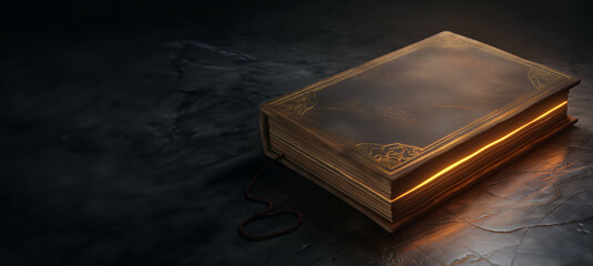 Fantasy ancient leather book with glowing thin streak pages. Medieval fantasy hardcover closed book mock-up. Bible, spell book, sorcery, voodoo, vodu, alchemy, witchcraft. Flaming fantasy magic glow.