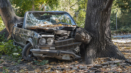 Fototapeta na wymiar Sedan in a massive car accident, totally destroyed car parts 