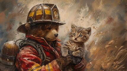 Fototapeta na wymiar Cheerful firefighter bear saving a kitten pastel watercolor heartwarming rescue scene