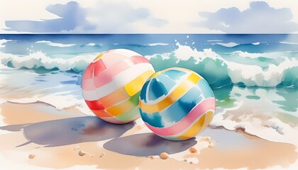 Fototapeta na wymiar Summer vacation recreation beach and colorful ball illustration, AI generated