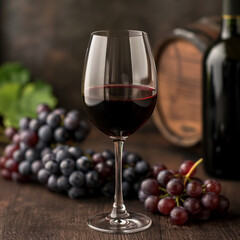 Red wine in a glass on the background of grapes and a bottle of wine