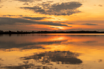 reflection of the sky in the lake at sunset