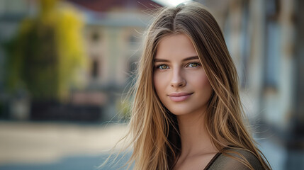 Obraz premium Portrait of a young woman, neutral urban background