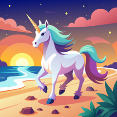 Obraz na płótnie Canvas Transport yourself to a tranquil beach at sunset, where a magnificent 3D unicorn with a horn aglow in the fading light frolics along the shoreline, leaving behind sparkling footprints in the sand