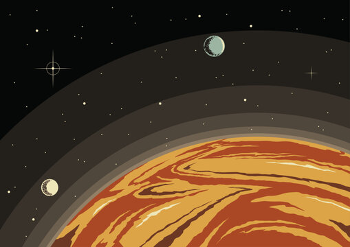 Planet Orbit Panorama, Moons, Stars, Asteroid, Deep Space Vector Illustration