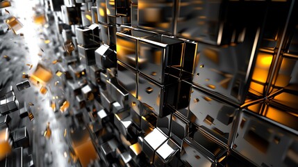 Abstract 3D rendering of a futuristic city. The image features a large number of reflective black cubes arranged in a staggered pattern. - Powered by Adobe