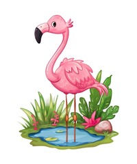 Cartoon illustration of a cute flamingo standing in a pond isolated on white background.