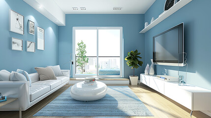 modern living room with blue walls, white furniture and wooden floor