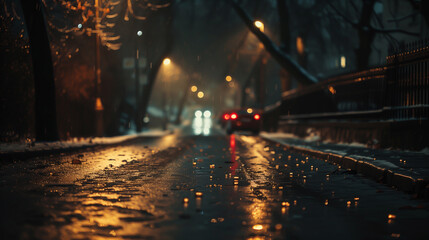 Fototapeta na wymiar Wet street at night, car, dusk, city life, illuminated