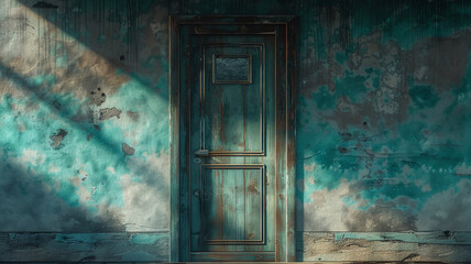 Teal Wooden Door with Framed Glass.
