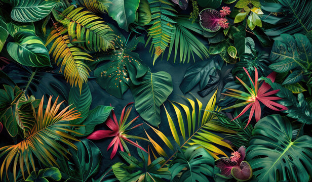 Colorful tropical plants and green leaves on a dark background, creating an abstract wallpaper