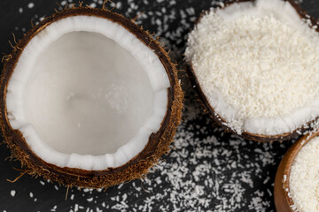 white coconut pulp and dried coconut flakes