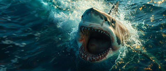 A scary great white shark pokes its head out of the sea water, ready to attack - obrazy, fototapety, plakaty