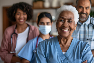 A group of people, including a woman in a blue scrubs, are smiling for a photo