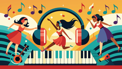 musical headphones with dansing girls and piano ke