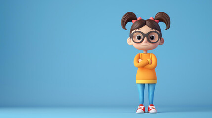 Cute and happy cartoon girl character with brown hair and glasses. She is wearing a yellow sweater and blue jeans.