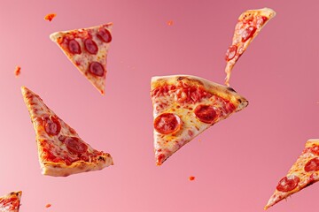 delicious pizza slices flying on the bright pink background