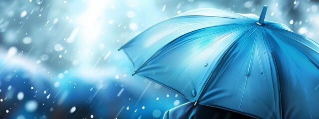 Beautiful blue umbrella close-up against the background of rain.