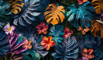 Colorful tropical plants and green leaves on a dark background, creating an abstract wallpaper - Powered by Adobe