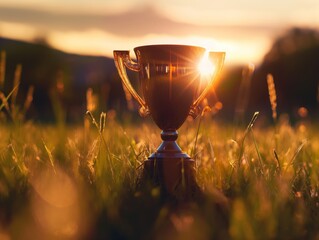 A trophy sitting in grass, illuminated by warm sunset light.