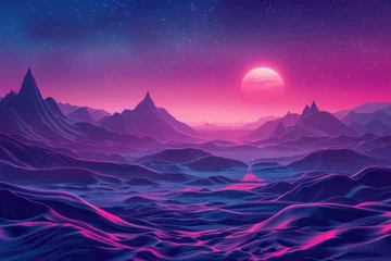 Foto op Plexiglas anti-reflex Alien Planet Surface with Futuristic Landscape, Science Fiction Background Illustration © furyon