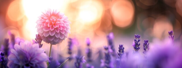Beautiful blurry image of lavender and dahlia flowers in nature with soft focus and atmospheric volumetric lighting.
