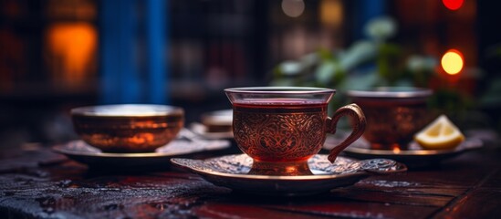 Fototapeta premium Three cups of tea on saucers placed neatly on a wooden table, showcasing a beautiful display of tableware and drinkware made of porcelain
