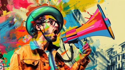 Funny portrait of an emotional guy with a megaphone. Collage in magazine style. Flyer with trendy colors, advertising copy space. Discount, sale season. Information concept. Attention news!  - obrazy, fototapety, plakaty