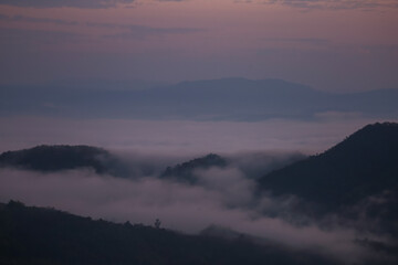 Background image of a morning landscape on a mountaintop with mountains and a sea of ​​mist...