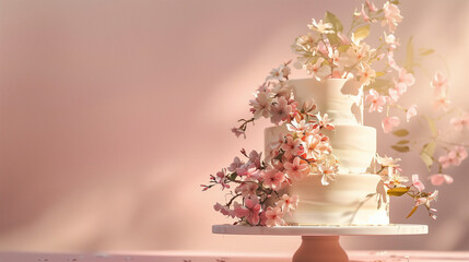 An impressive, tall cake decorated with delicate flowers on a light, pastel background. The cake stands out for its impressive height and elegant appearance. Flowers artfully arranged on the cake add 
