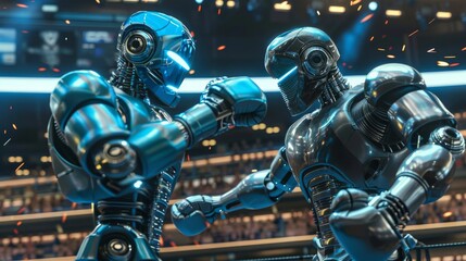 Fototapeta na wymiar Steel Slugfest: Robotic Boxers Exchange Blows in the Ring