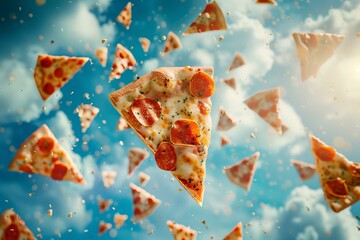 delicious pizza slices flying on the blue sky background