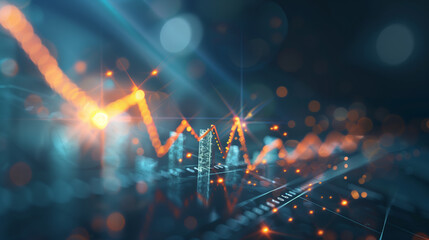 Digital stock market graph with orange upward arrows on a blue background.