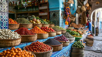 Fototapeta na wymiar vibrant scene of a food market, with stalls brimming with fresh produce, spices,ai