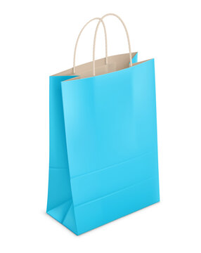 Kraft Paper shopping bag Mockup. Blue packaging with rope handles for supermarket or grocery store. Branding Design isolated on white transparent background. Vector illustration.