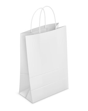 Shopping Bag Mockup. White paper packet bag with rope handles. Paper packaging for supermarket or grocery store. Isolated on white transparent background. Vector illustration.