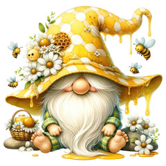 Beekeeper Gnome with Honey and Flowers Illustration
