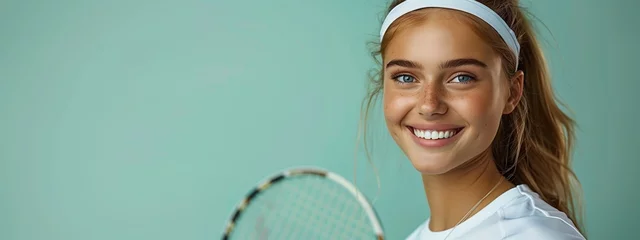 Fotobehang Banner with portrait of young beautiful smiling woman with a tennis racket isolated on green background. Horizontal studio photo with copy space. © Ekaterina Chemakina