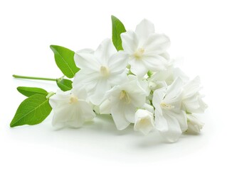 Obraz na płótnie Canvas Jasmine on White. Ornamental Bunch of White Jasmine Flowers with Leaves on Isolated White Background. Perfect Botany Image for Tea or Formal Events
